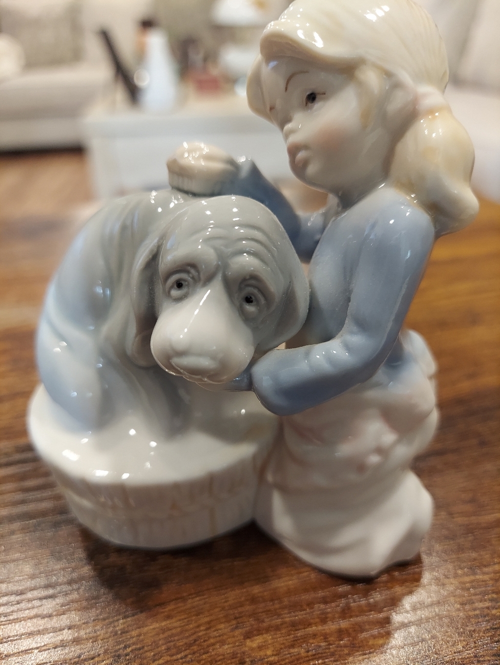 Vintage Porcelain Figurine Girl bathing Dog In Pastels, Sweet Rare, Unbranded